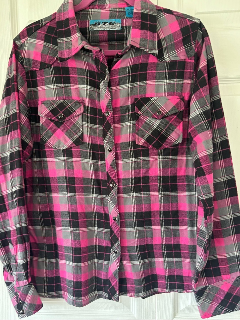 BTC Western Pearl Snap Plaid Flannel Shirt Pink Black Gray Women’s L
